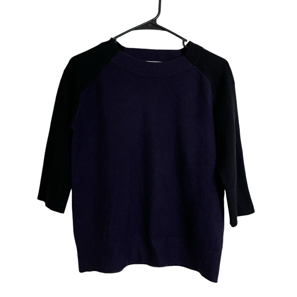 Duffy Cashmere Sweater Top XS Purple Pullover Knit Crop Sleeve Black Colorblock